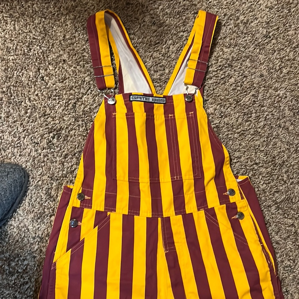 Game Bibs overalls, maroon and gold